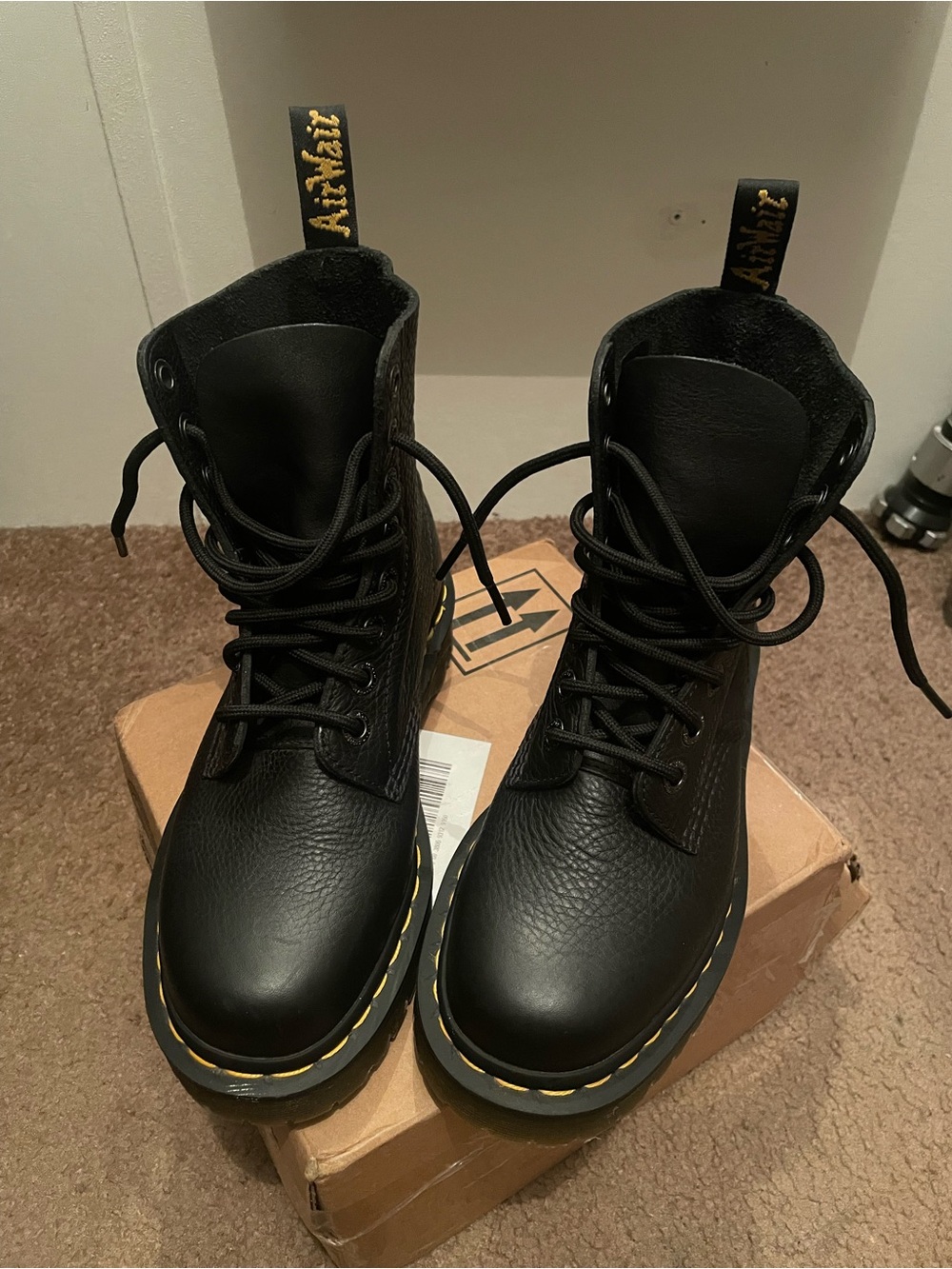 Dr. Martens Black Boots with Yellow Inspection Tab